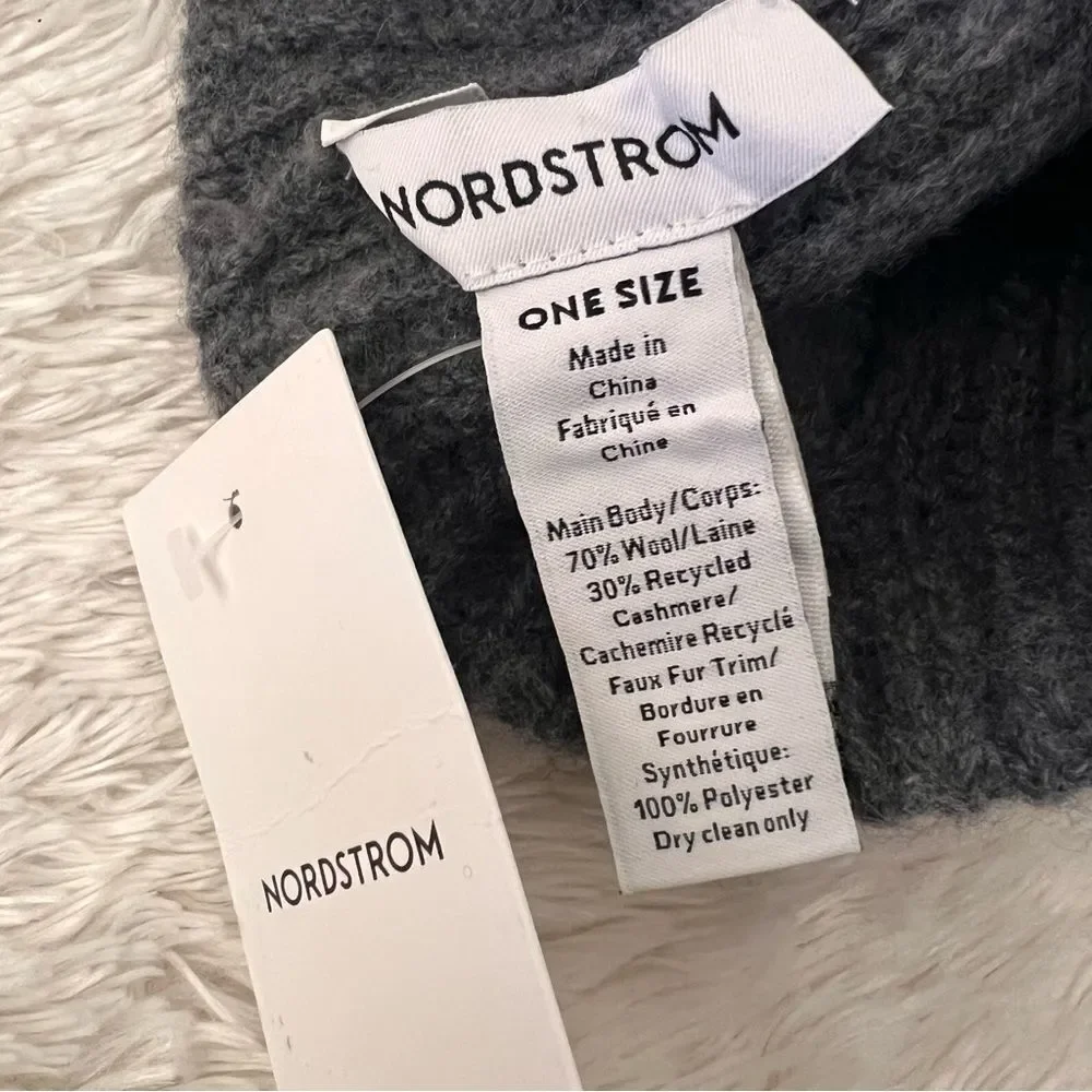 Nordstrom Gray Wool Cashmere Blend Cable Knit Beanie with Pom Pom NEW MSRP $60